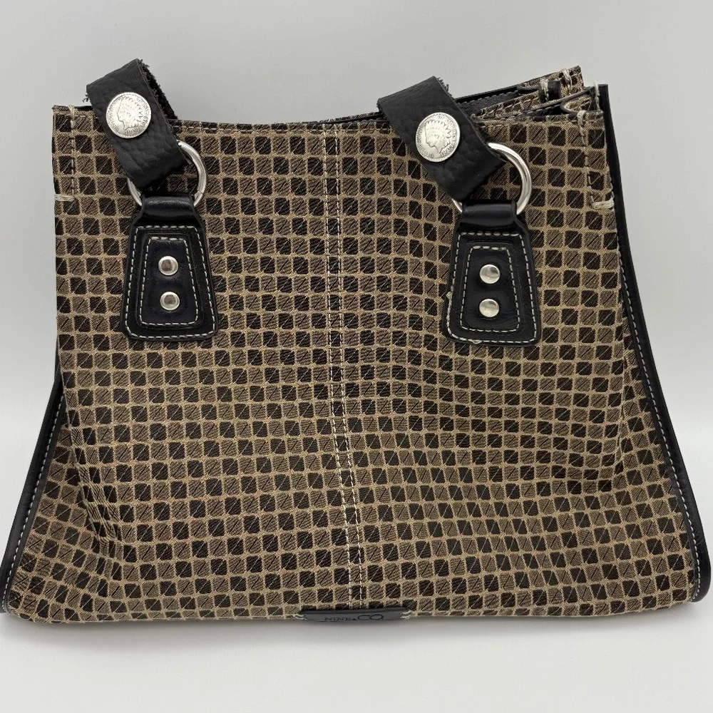 Nine & Co Satchel with Brown/Tan Checkered Pattern and Brown Leather Trim/Handle - Picture 1 of 16